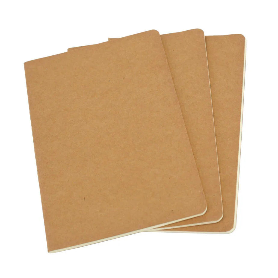 Set of 3 - A5 Blank Notebook/Travel Journal - 5.5in x 8.25in, Total 90 Sheets/180 Pages, Kraft Brown Cover